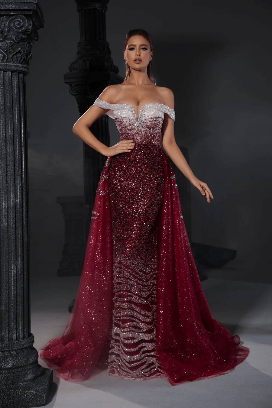 Gothic Red Sequin Evening Gown with Off-Shoulder Design - Designer Sequin Gown and Glitter Dress with Tulle Plus Size - WonderlandByLilian