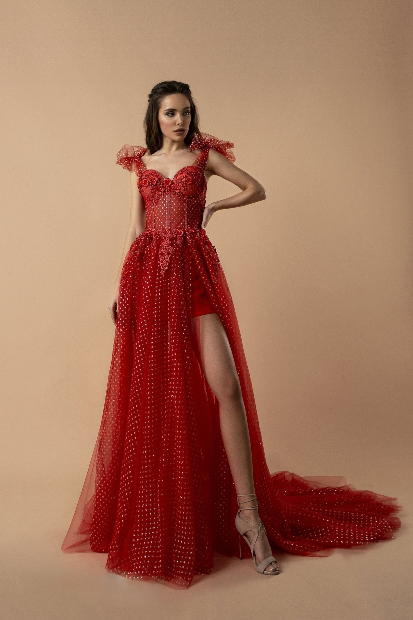 Gothic Red Sequin Tulle Gown with Thigh-High Slit - Appliquéd Wedding Dress Plus Size - WonderlandByLilian