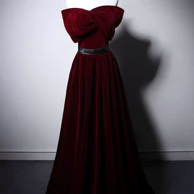 Gothic Red Velvet Evening Dress with Bow - Off the Shoulder Evening Gown - Evening Dress Red Colour with Corset Back Plus Size - WonderlandByLilian