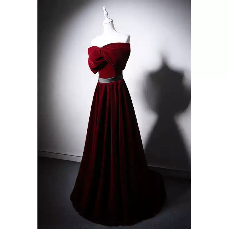 Gothic Red Velvet Evening Dress with Bow - Off the Shoulder Evening Gown - Evening Dress Red Colour with Corset Back Plus Size - WonderlandByLilian