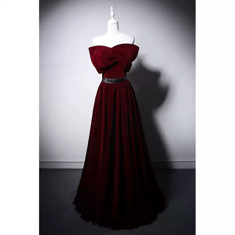 Gothic Red Velvet Evening Dress with Bow - Off the Shoulder Evening Gown - Evening Dress Red Colour with Corset Back Plus Size - WonderlandByLilian