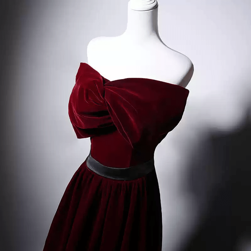 Gothic Red Velvet Evening Dress with Bow - Off the Shoulder Evening Gown - Evening Dress Red Colour with Corset Back Plus Size - WonderlandByLilian