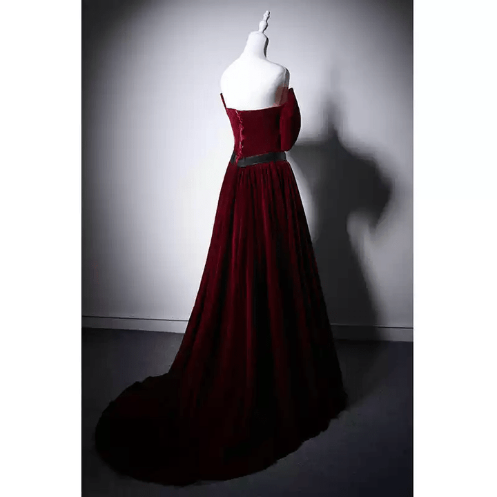 Gothic Red Velvet Evening Dress with Bow - Off the Shoulder Evening Gown - Evening Dress Red Colour with Corset Back Plus Size - WonderlandByLilian