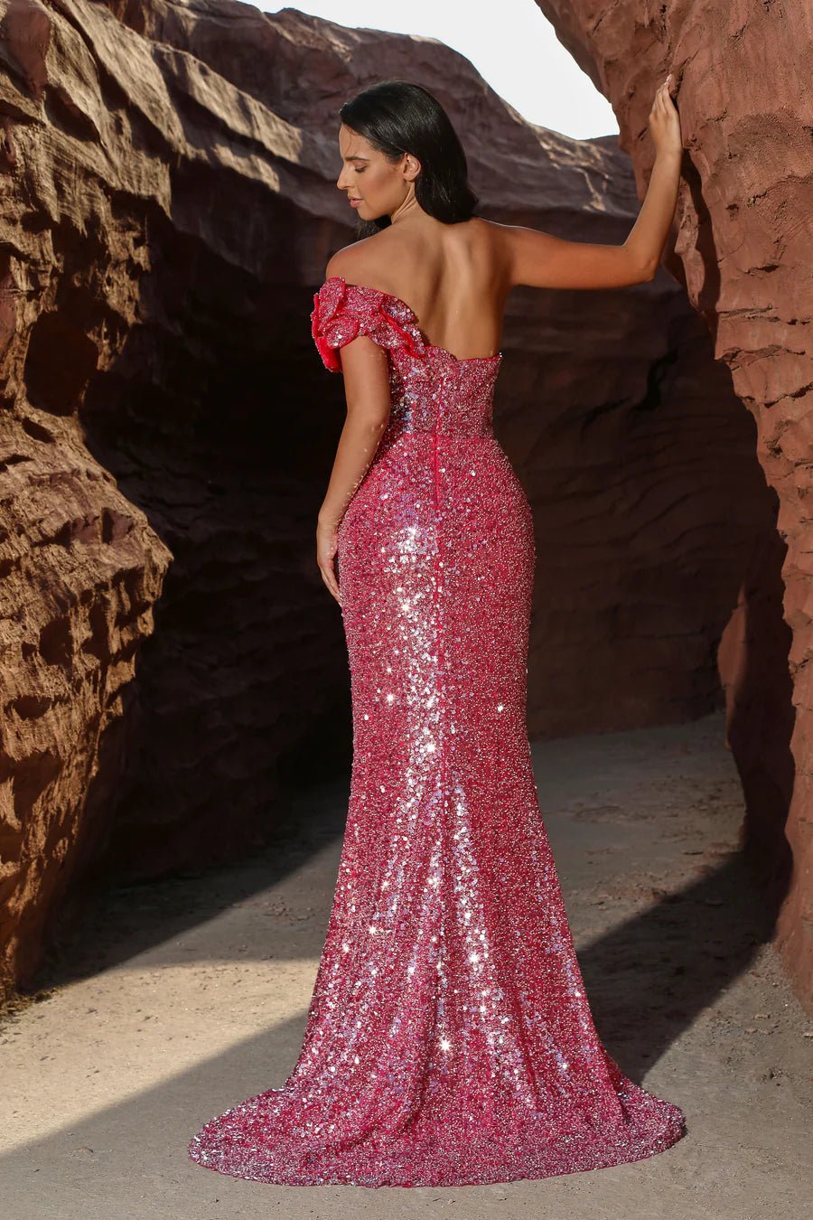 Gothic Royal Blue Sequin Evening Gown with Asymmetrical Cape - Designer Sequin Gown and Pretty Sequin Dress Plus Size US 12 / Pink Gothic Royal Blue Sequin Evening Gown with Asymmetrical Cape - Designer Sequin Gown and Pretty Sequin Dress Plus Size US 12 / Pink