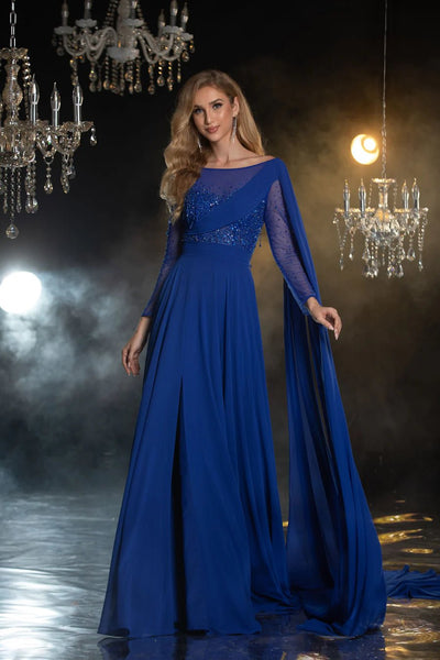 Gothic Royal Blue Sequin Evening Gown with Long Sheer Sleeves - Designer Sequin Gown with Tulle and Glitter Dress with Cape Sleeves Plus Size - WonderlandByLilian