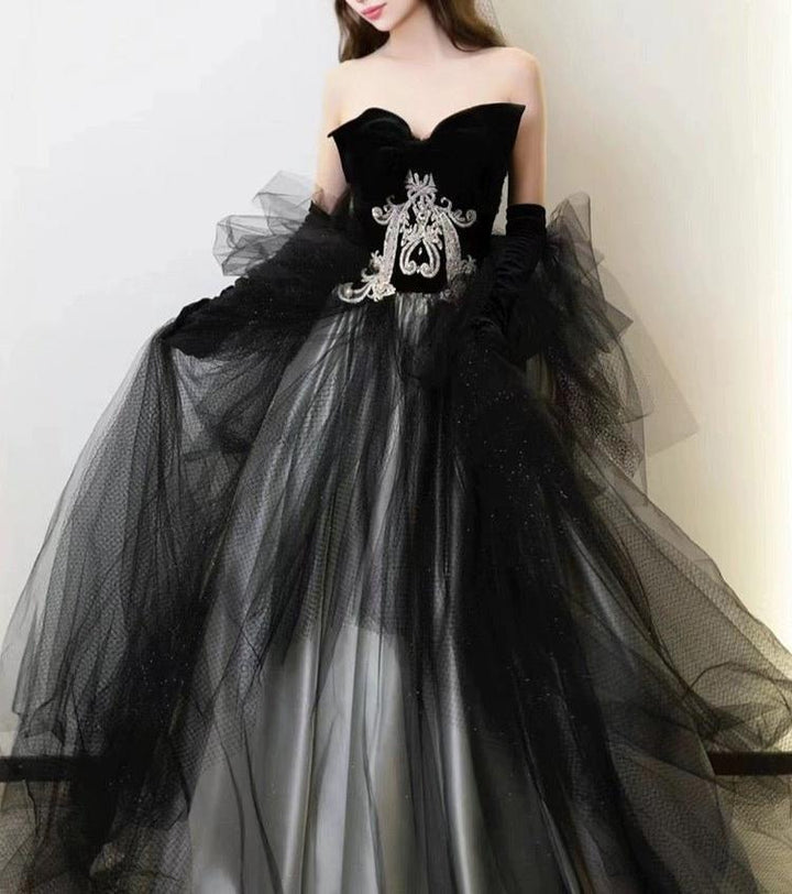 Gothic Strapless Black Velvet And Tulle Evening Dress Wedding Dress - Gothic Velvet Ball Gown Plus Size - WonderlandByLilian