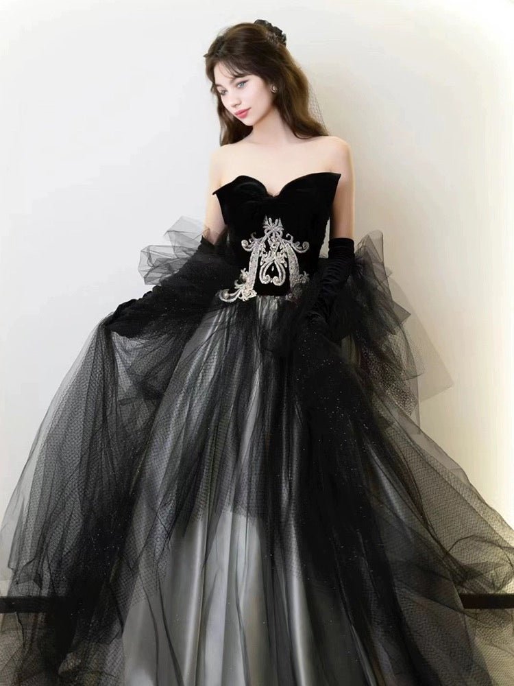 Gothic Strapless Black Velvet And Tulle Evening Dress Wedding Dress - Gothic Velvet Ball Gown Plus Size - WonderlandByLilian