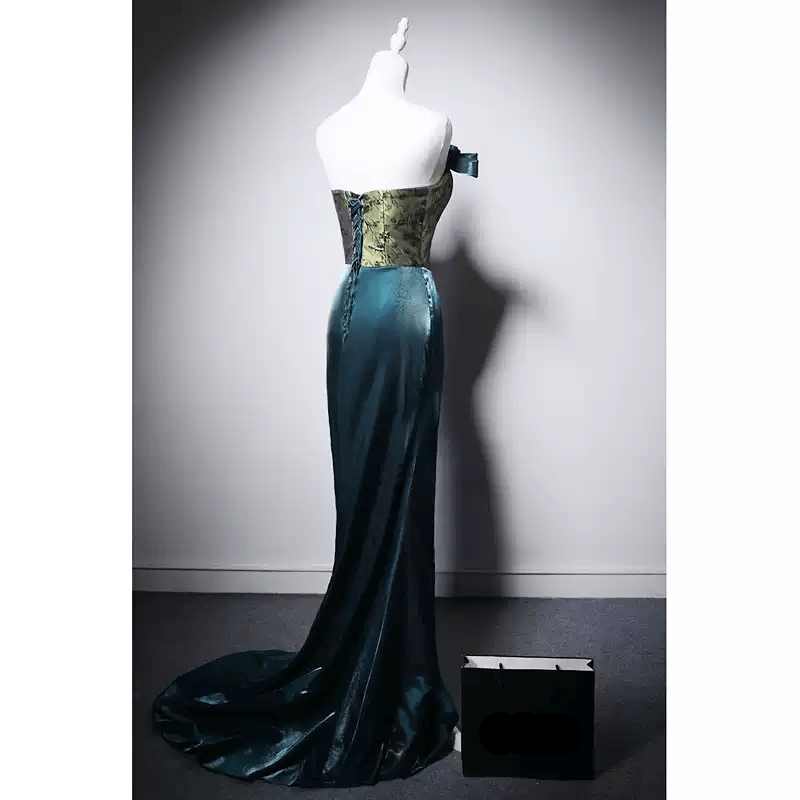 Gothic Teal and Green Evening Gown with Floral Bodice - Elegant Green Evening gown with Draped Skirt Plus Size - WonderlandByLilian