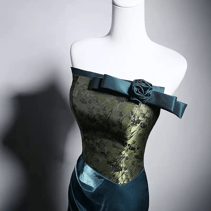 Gothic Teal and Green Evening Gown with Floral Bodice - Elegant Green Evening gown with Draped Skirt Plus Size - WonderlandByLilian