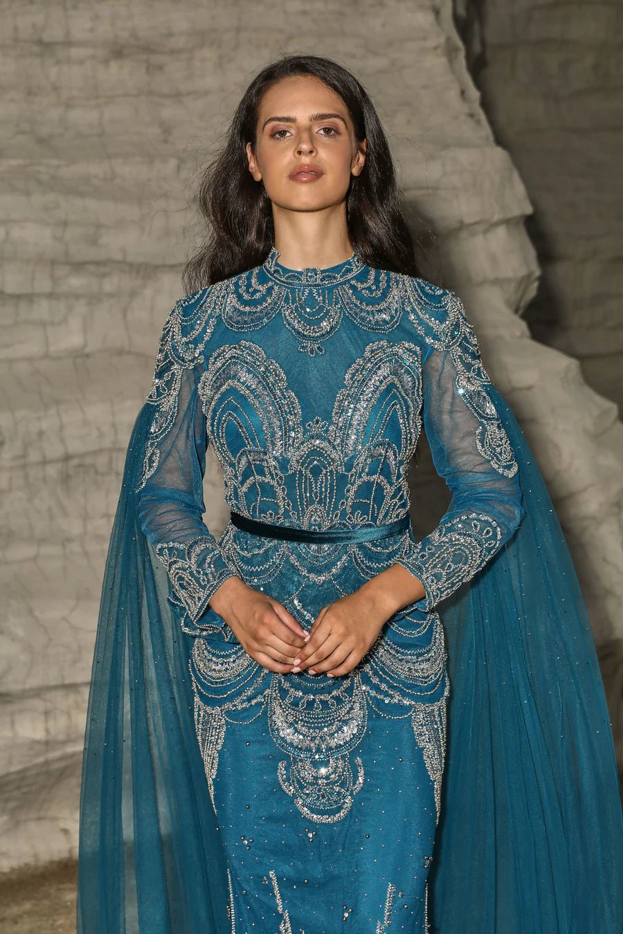 Gothic Turquoise Blue Sequin Evening Gown with Cape Sleeves and High Slit - Designer Sequin Dress and Pretty Sequin Dress Plus Size US 16 / Turquoise Gothic Turquoise Blue Sequin Evening Gown with Cape Sleeves and High Slit - Designer Sequin Dress and Pretty Sequin Dress Plus Size US 16 / Turquoise