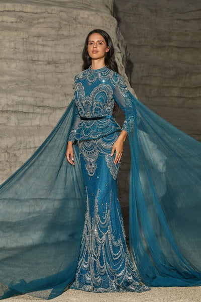 Gothic Turquoise Sequin Evening Gown with Cape Sleeves and High Slit - Designer Sequin Dress and Pretty Sequin Dress Plus Size - WonderlandByLilian