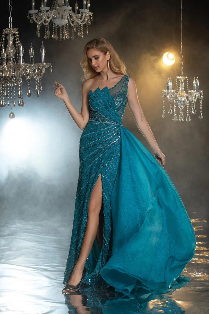 Gothic Turquoise Sequin Evening Gown with One Shoulder and Side Slit - Designer Sequin Gown and Glitter Dress Plus Size - WonderlandByLilian