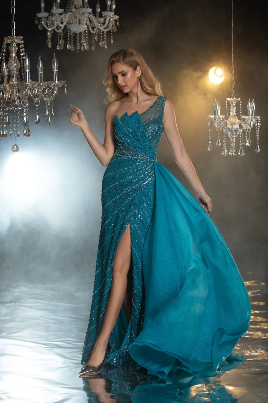 Gothic Turquoise Sequin Evening Gown with One Shoulder and Side Slit - Designer Sequin Gown and Glitter Dress Plus Size - WonderlandByLilian