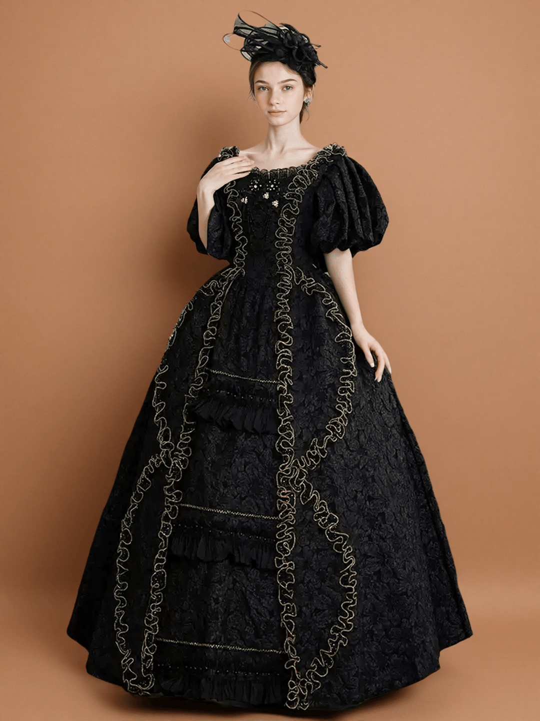 Gothic Victorian Ball Gown in Black Floral Jacquard with Puff Sleeves and Gold Trim – Plus Size - WonderlandByLilian