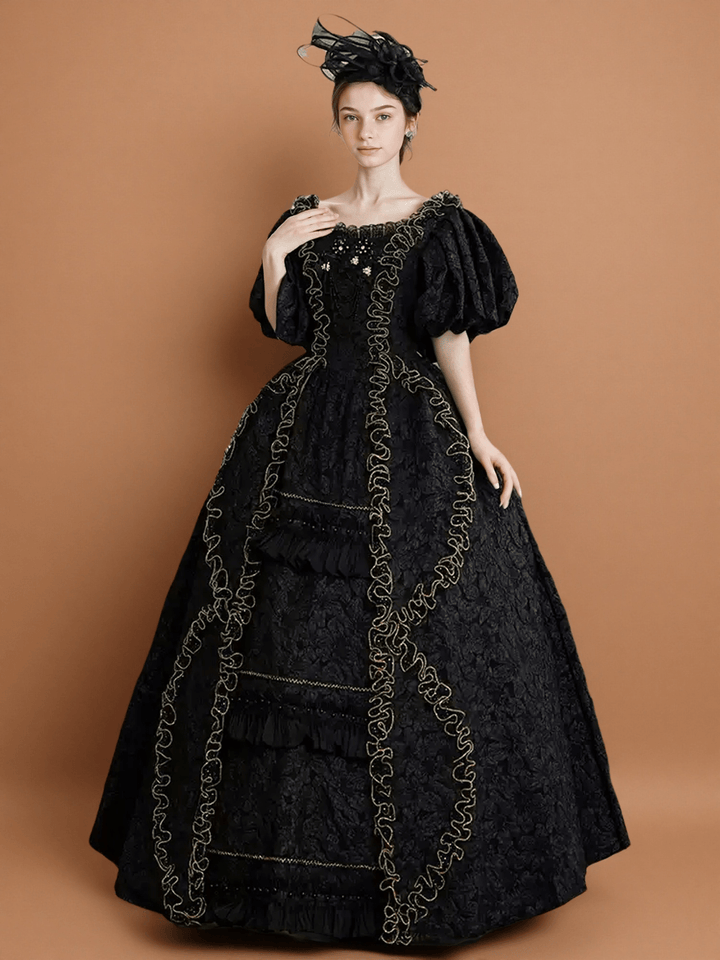 Gothic Victorian Ball Gown in Black Floral Jacquard with Puff Sleeves and Gold Trim – Plus Size - WonderlandByLilian