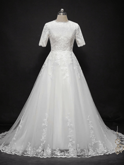 Graceful Allure: Modest Lace Wedding Dress with Sleeves - WonderlandByLilian