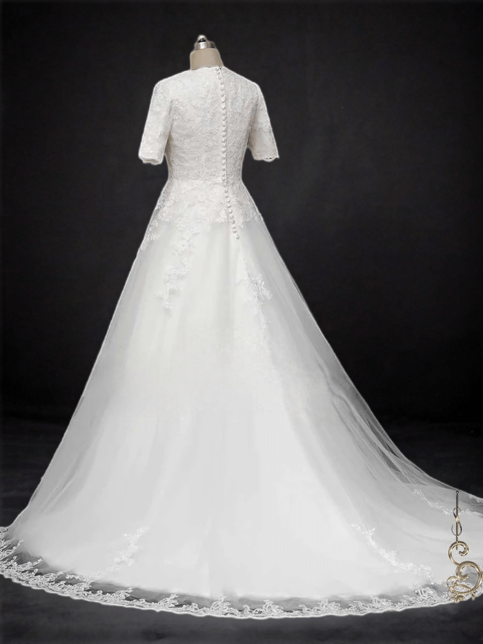 Graceful Allure: Modest Lace Wedding Dress with Sleeves - WonderlandByLilian