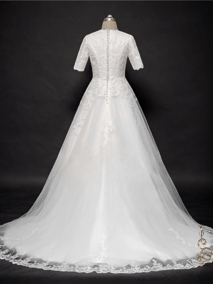 Graceful Allure: Modest Lace Wedding Dress with Sleeves - WonderlandByLilian