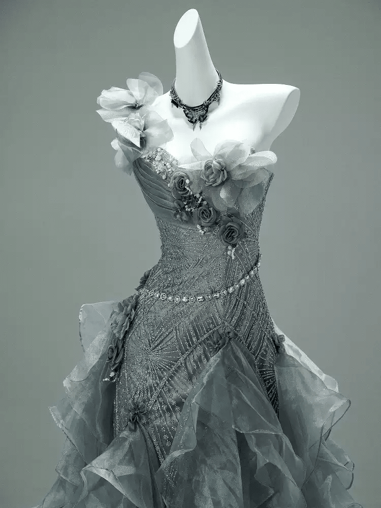 Gray Layered Tulle Ruffle Dress with Floral Appliqué – One Shoulder Evening Dress with Lace - Up Back Plus Size - WonderlandByLilian