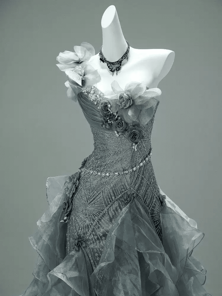Gray Layered Tulle Ruffle Dress with Floral Appliqué – One Shoulder Evening Dress with Lace - Up Back Plus Size - WonderlandByLilian
