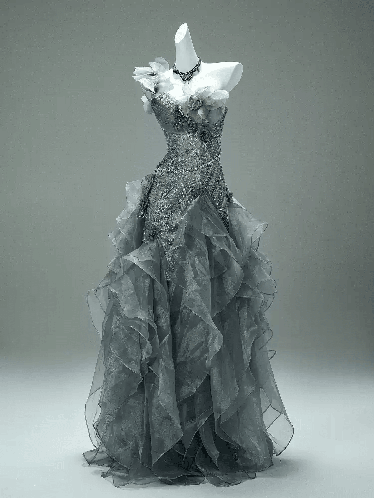 Gray Layered Tulle Ruffle Dress with Floral Appliqué – One Shoulder Evening Dress with Lace - Up Back Plus Size - WonderlandByLilian