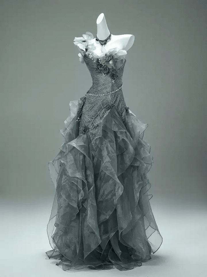 Gray Layered Tulle Ruffle Dress with Floral Appliqué – One Shoulder Evening Dress with Lace - Up Back Plus Size - WonderlandByLilian