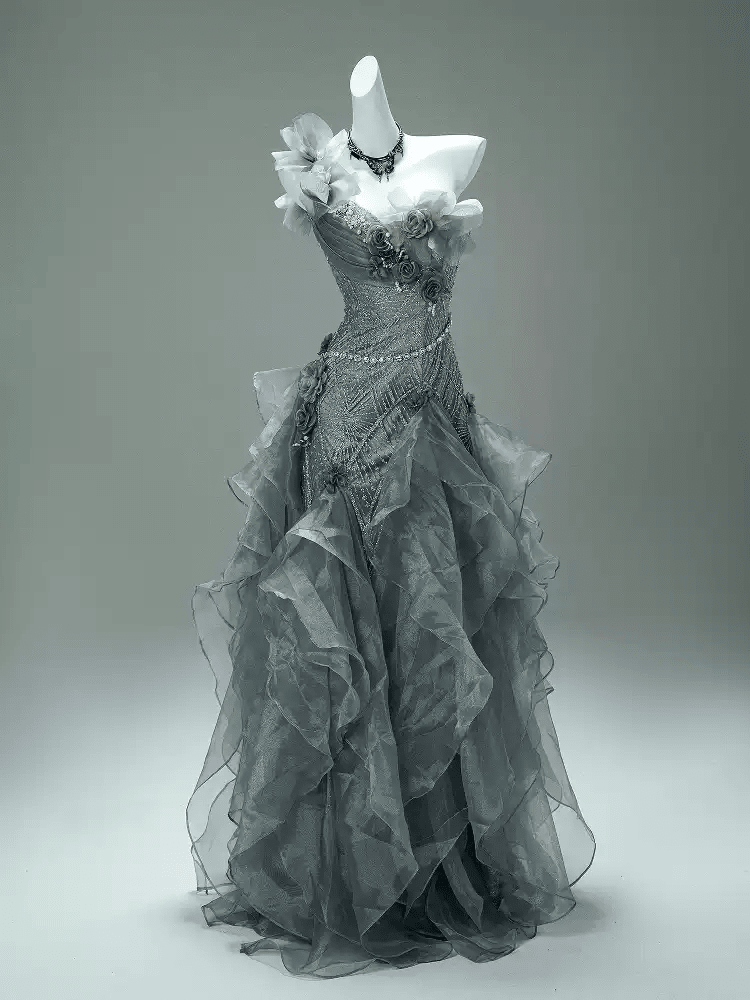Gray Layered Tulle Ruffle Dress with Floral Appliqué – One Shoulder Evening Dress with Lace - Up Back Plus Size - WonderlandByLilian