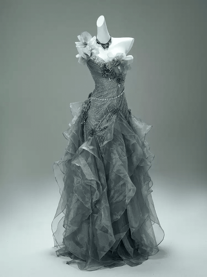 Gray Layered Tulle Ruffle Dress with Floral Appliqué – One Shoulder Evening Dress with Lace - Up Back Plus Size - WonderlandByLilian