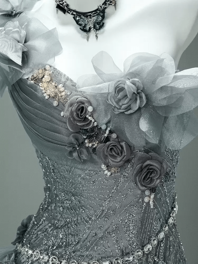 Gray Layered Tulle Ruffle Dress with Floral Appliqué – One Shoulder Evening Dress with Lace - Up Back Plus Size - WonderlandByLilian