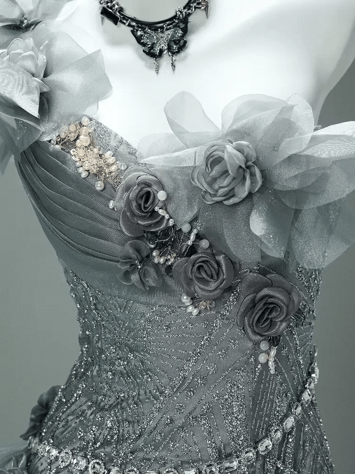 Gray Layered Tulle Ruffle Dress with Floral Appliqué – One Shoulder Evening Dress with Lace - Up Back Plus Size - WonderlandByLilian