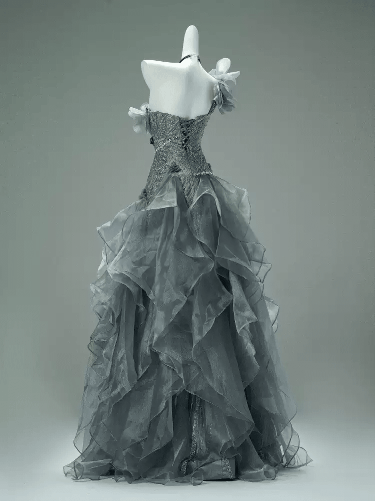 Gray Layered Tulle Ruffle Dress with Floral Appliqué – One Shoulder Evening Dress with Lace - Up Back Plus Size - WonderlandByLilian