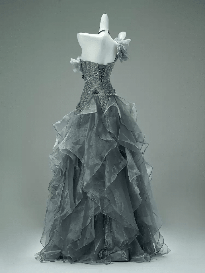 Gray Layered Tulle Ruffle Dress with Floral Appliqué – One Shoulder Evening Dress with Lace - Up Back Plus Size - WonderlandByLilian