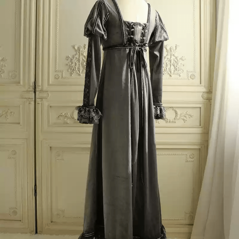 Gray Medieval - Inspired Empire Waist Gown in Grey Velvet – Long Sleeve Medieval Dress with Embroidered Trim Plus Size - WonderlandByLilian