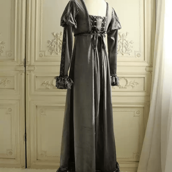 Gray Medieval - Inspired Empire Waist Gown in Grey Velvet – Long Sleeve Medieval Dress with Embroidered Trim Plus Size - WonderlandByLilian