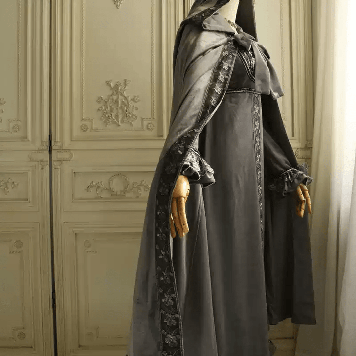 Gray Medieval - Inspired Empire Waist Gown in Grey Velvet – Long Sleeve Medieval Dress with Embroidered Trim Plus Size - WonderlandByLilian