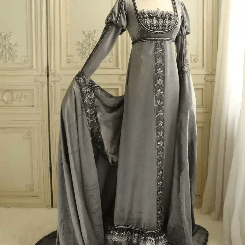 Gray Medieval - Inspired Empire Waist Gown in Grey Velvet – Long Sleeve Medieval Dress with Embroidered Trim Plus Size - WonderlandByLilian