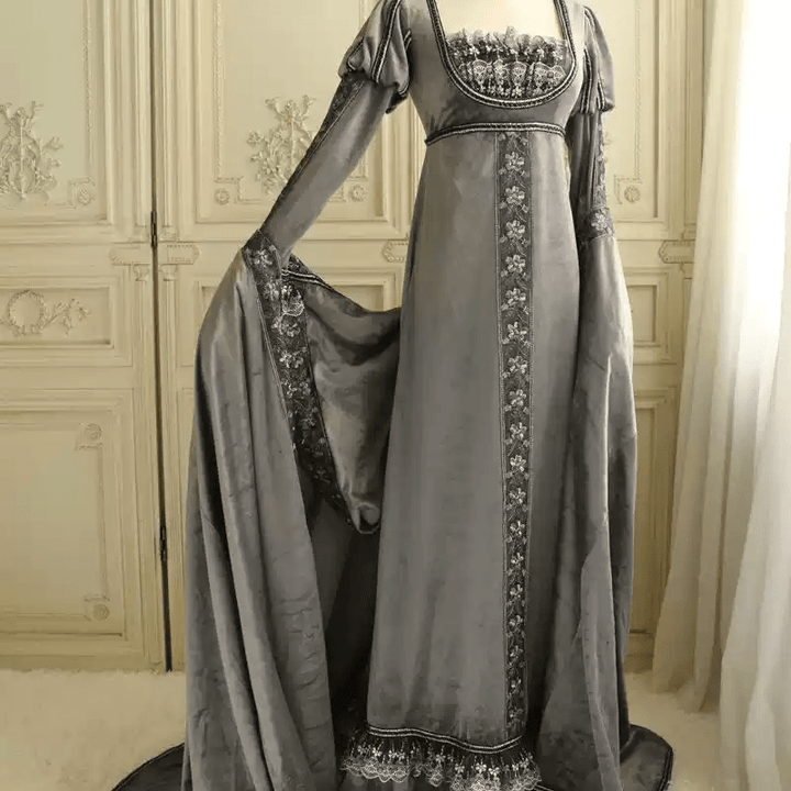 Gray Medieval - Inspired Empire Waist Gown in Grey Velvet – Long Sleeve Medieval Dress with Embroidered Trim Plus Size - WonderlandByLilian