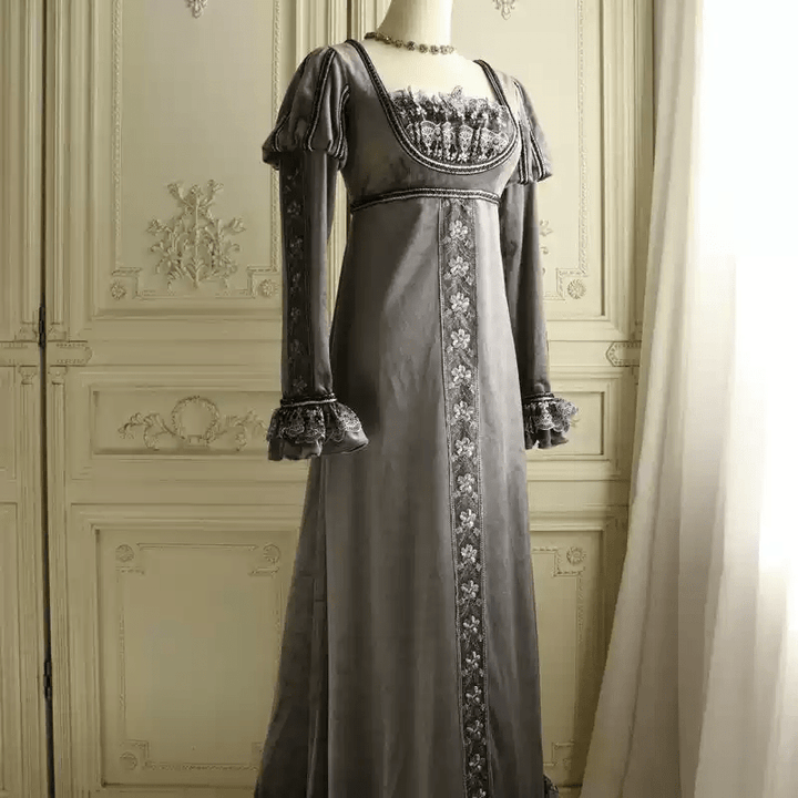 Gray Medieval - Inspired Empire Waist Gown in Grey Velvet – Long Sleeve Medieval Dress with Embroidered Trim Plus Size - WonderlandByLilian