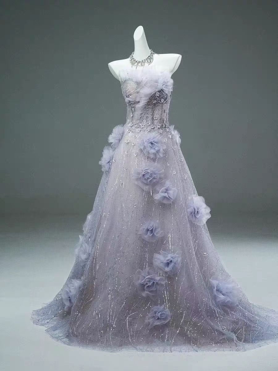 Gray Whimsical Fairy Inspired Floral Embellished Evening Gown