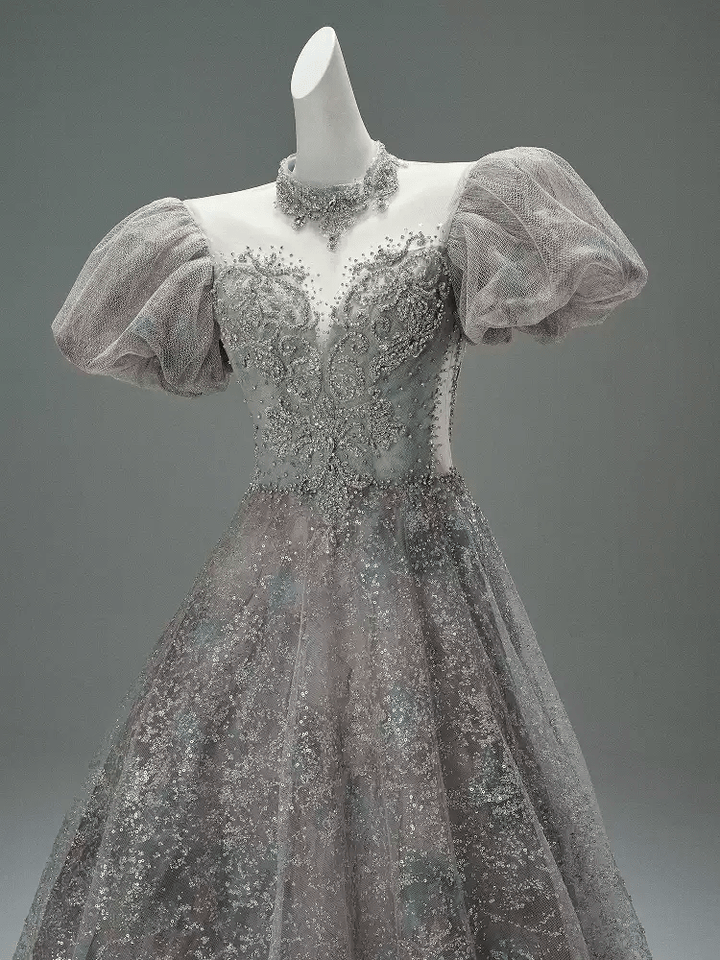 Gray Sequin Evening Dress with Puff Sleeves – Designer Sequin Gowns with Lace - Up Back Plus Size - WonderlandByLilian