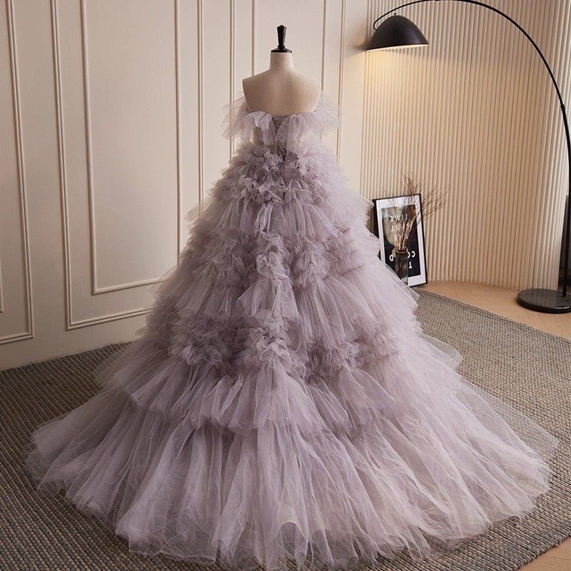 Grayish Purple Off-Shoulder Layered Tulle Ruffle Dress - Purple Corset Back Wedding Dress Plus Size - WonderlandByLilian