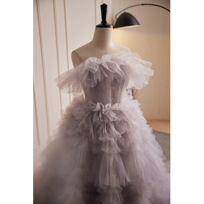 Grayish Purple Off-Shoulder Layered Tulle Ruffle Dress - Purple Corset Back Wedding Dress Plus Size - WonderlandByLilian
