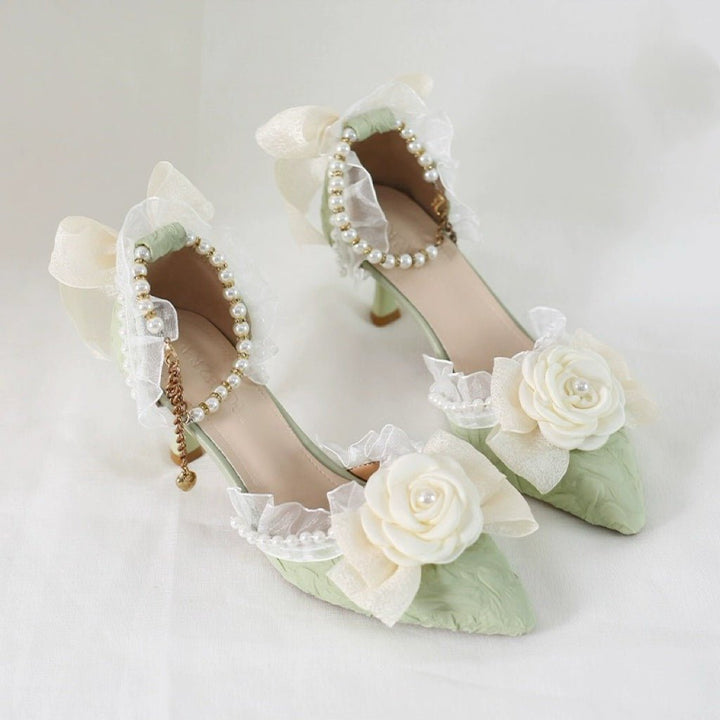 Green and Cream Lolita Vintage Shoes with Rose and Pearl - Lolita Heels with Tulle - WonderlandByLilian