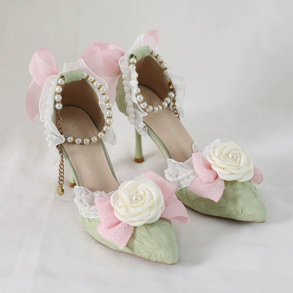 Green and Cream Lolita Vintage Shoes with Rose and Pearl - Lolita Heels with Tulle - WonderlandByLilian