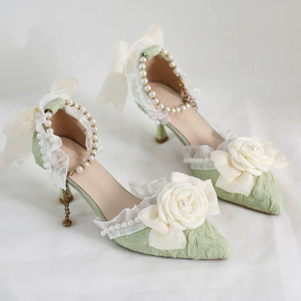 Green and Cream Lolita Vintage Shoes with Rose and Pearl - Lolita Heels with Tulle - WonderlandByLilian