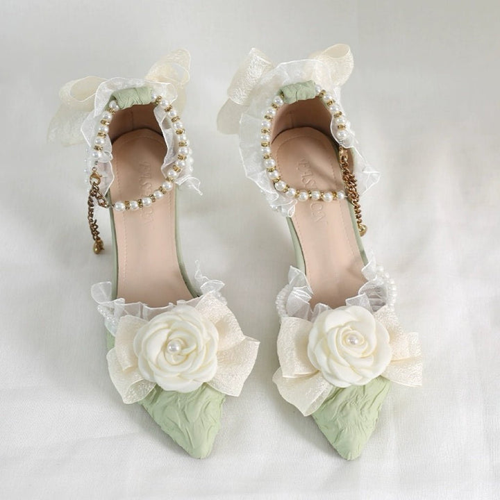 Green and Cream Lolita Vintage Shoes with Rose and Pearl - Lolita Heels with Tulle - WonderlandByLilian