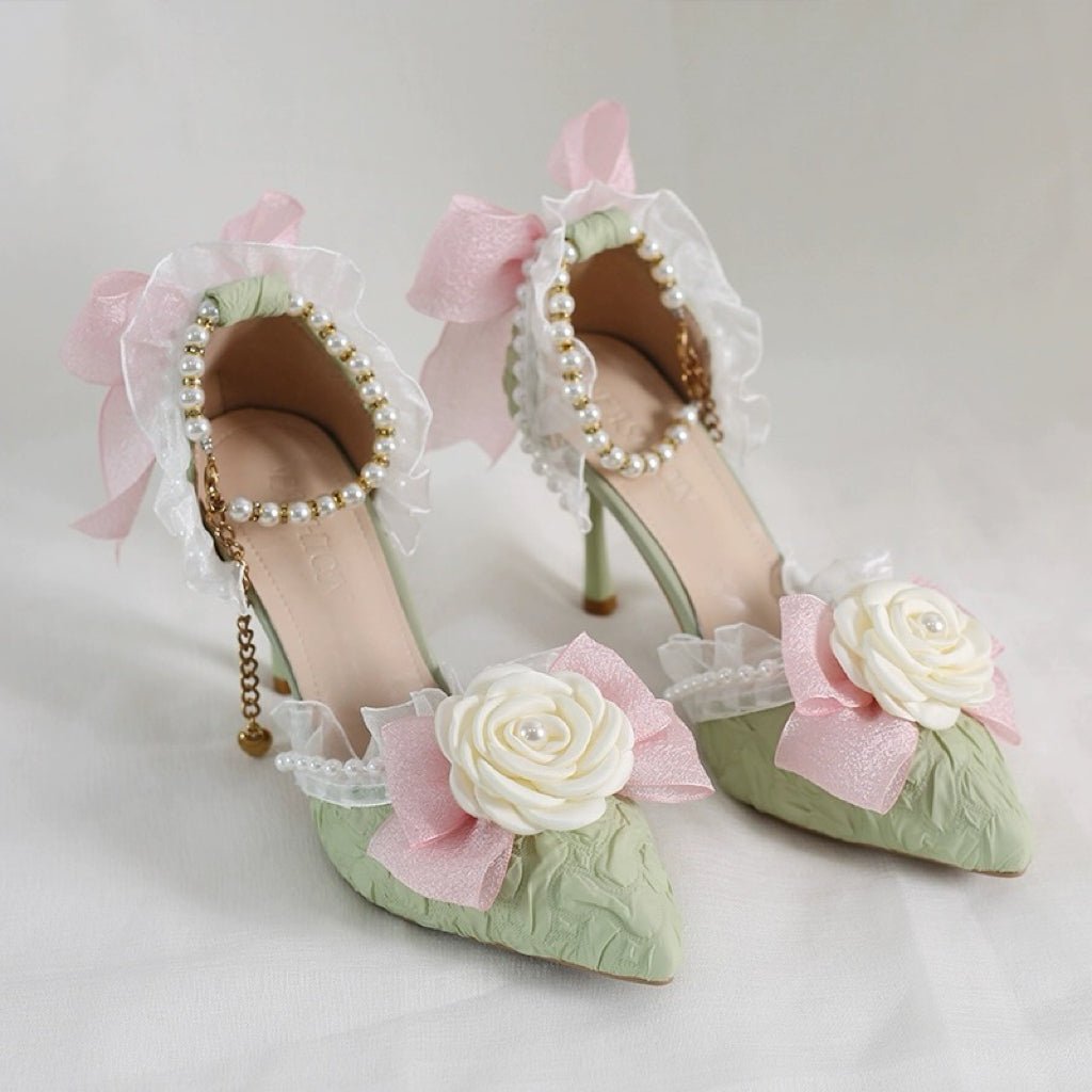 Green and Cream Lolita Vintage Shoes with Rose and Pearl - Lolita Heels with Tulle - WonderlandByLilian