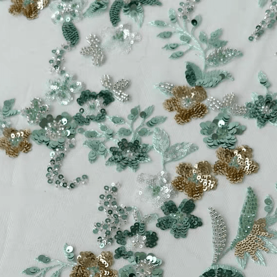 Green and Gold Sequin Floral Embroidered Lace Fabric - WonderlandByLilian