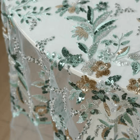 Green and Gold Sequin Floral Embroidered Lace Fabric - WonderlandByLilian