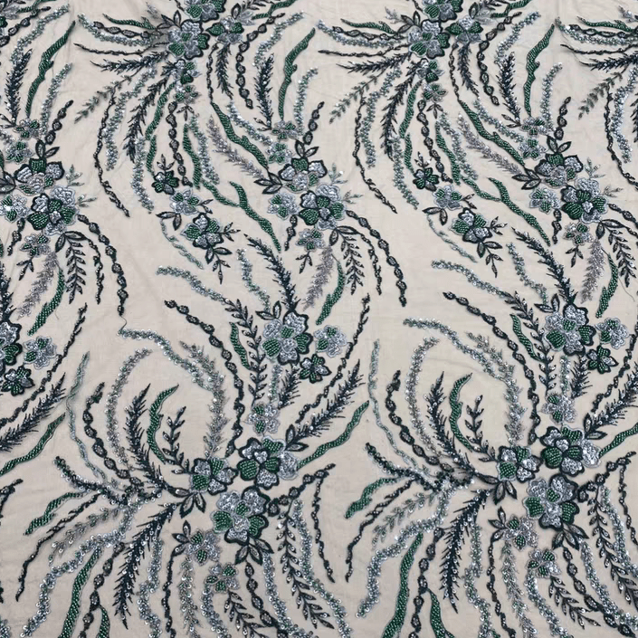 Green and Silver Floral Sequin Embroidered Lace Fabric - WonderlandByLilian